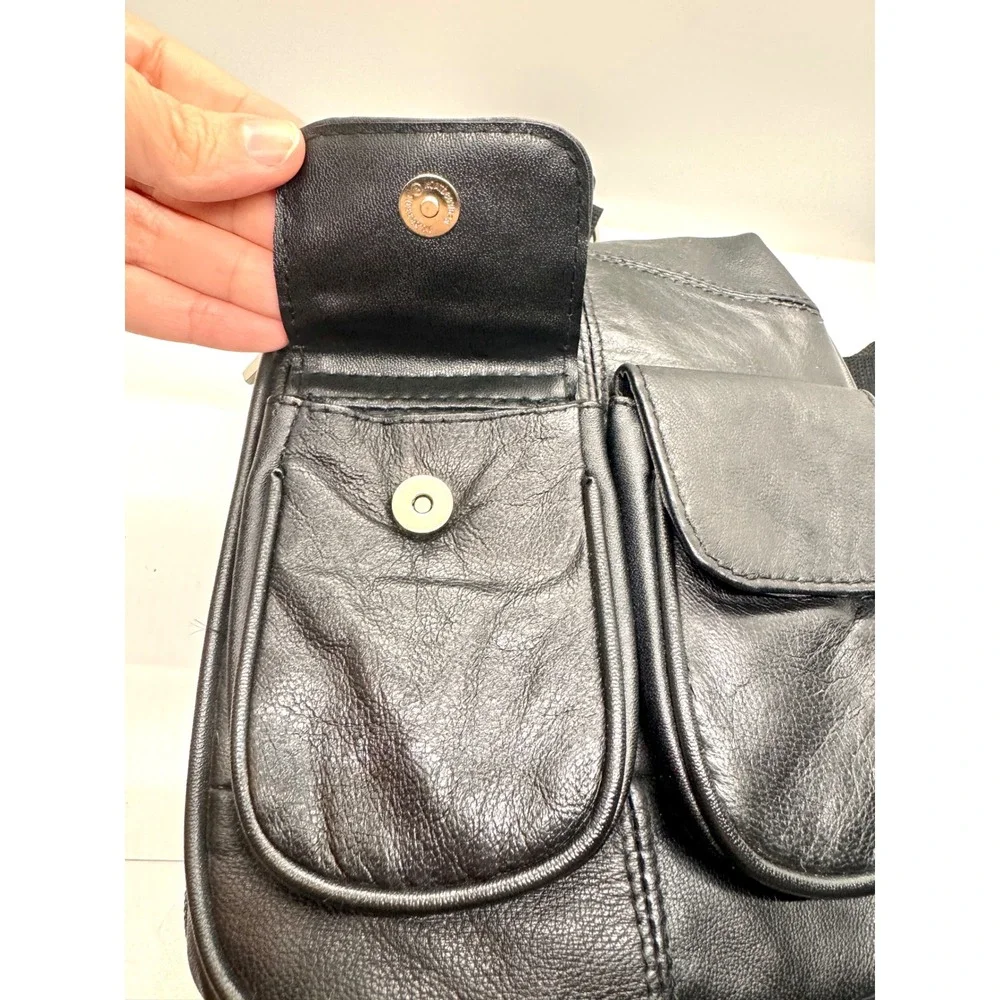 Black Leather Crossbody Sling Bag‎ Multi Pocket Utility Messenger Travel Bag